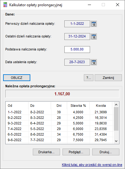 Kalkulator opłaty prolongacyjnej